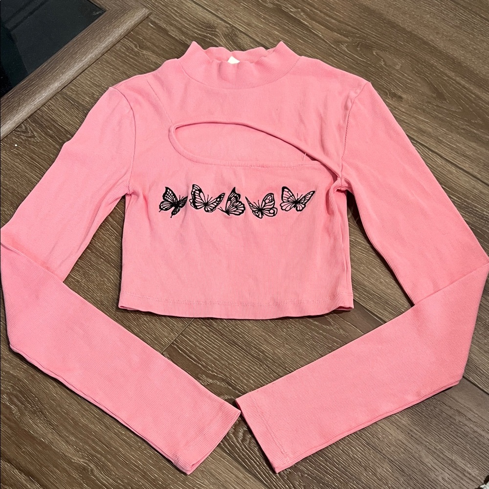 Urban Outfitters pink butterfly embroidered long sleeve crop top with cut out